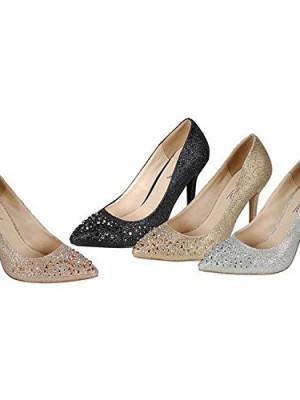 BAMBOO-MOMENTUM-91-Womens-Glitttering-Studded-Pointy-Toe-Pumps-ColorGREY-GOLD-Size8-0
