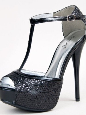 Womens-Qupid-Glitter-Peep-Toe-T-Strap-Platform-Heels-Sandal-Pump-Black-10-0
