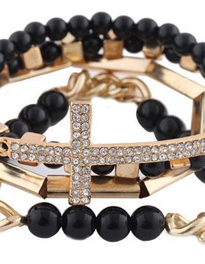 2-Pieces-of-Black-with-Goldtone-4-Piece-Bundle-of-Iced-Out-Cross-Link-Bar-Chain-Beaded-Stretch-Bracelet-0