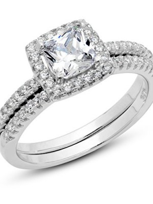 925-Sterling-Silver-Cushion-Cubic-Zirconia-CZ-2Pc-Halo-Wedding-Engagement-Ring-Set-Sz-9-0