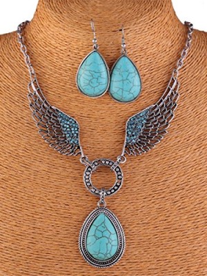 Angels-Rhinestone-Wing-Turquoise-Blue-Stone-Bead-Pendant-Necklace-Earring-Set-0