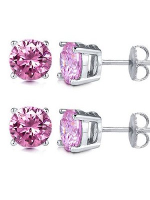 Authentic-925-Sterling-Silver-200-Carat-Round-PINK-CZ-Diamond-Cubic-Zirconia-Stud-Earrings-100-Carat-Each-Stone-0