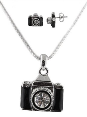 Combo-of-Silver-with-Black-Camera-Style-Pendant-Necklace-and-Matching-Earrings-Jewelry-Set-0