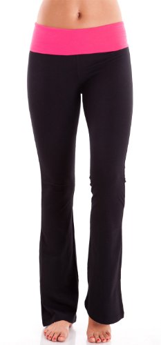 Fuchsia Ladies Color Block Rolled Waist Black Yoga Pants - Top Fashion Web