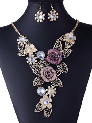 Handmade-3D-Bling-Crystal-Rose-Flower-Leaf-Statement-Collar-Necklace-Earring-Set-0