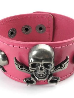 KONOV-Jewelry-Wide-Leather-Pirate-Skull-Bangle-Womens-Cuff-Bracelet-Fits-7-to-8-Pink-Brown-0