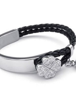 KONOV-Jewelry-Womens-Leather-Stainless-Steel-Bracelet-Clover-Cuff-Bangle-White-Black-Silver-0