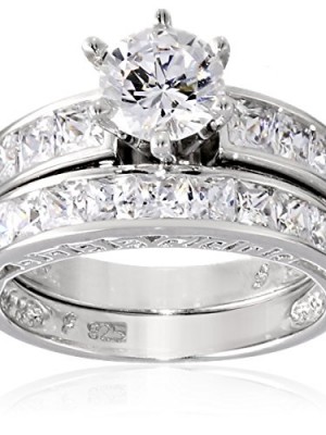 Platinum-Plated-Sterling-Silver-Cubic-Zirconia-Round-Solitaire-Ring-with-Princess-Cut-Side-Stones-and-Princess-Cut-Band-Bridal-Set-Size-6-0