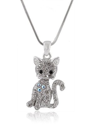 Silvertone-Iced-Out-Cat-with-Heart-Pendant-with-a-16-Inch-Adjustable-Snake-Franco-Chain-Necklace-0