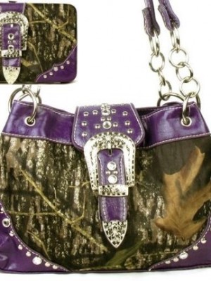Western-Belt-Buckle-Purse-Camouflage-Handbag-Camo-Purple-Trim-W-Matching-Wallet-0