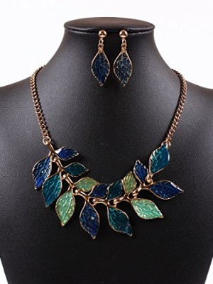 Womens-18K-Gold-Oil-Drop-Leaf-Charms-Bib-Collar-Choker-Necklace-Earrings-Set-0