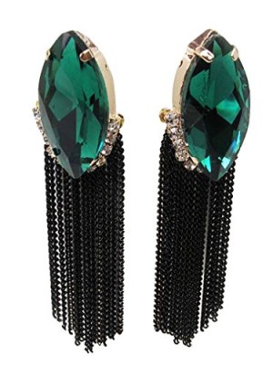 Yazilind-Jewelry-Queen-of-Nightclub-Dark-Green-Oval-Rhinestone-Hangle-Black-Tassels-Chain-Dangle-Earrings-0