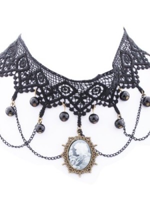 Yazilind-Lolita-Goth-Black-Lace-Choker-Velvet-Necklace-Victorian-Cameo-Beads-Tassels-0
