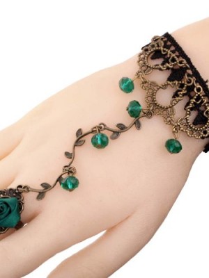Yazilind-Lolita-Green-Rose-Branch-Shape-Crystal-Metal-Black-Lace-Slave-Bracelets-with-Ring-0
