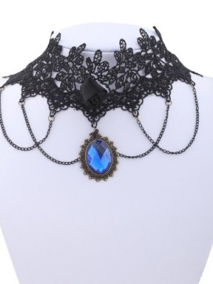 Yazilind-Sapphire-Stone-Pendant-Chain-Flower-Rose-Lace-Choker-Handmade-Necklace-14in-0