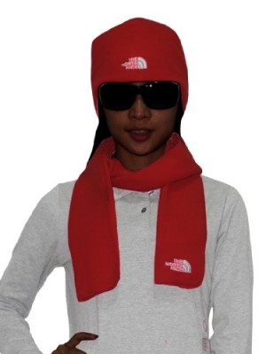 2-PCS-SET-The-North-Face-Womens-Thermal-Fleece-Scarf-Beanie-Hat-Red-0