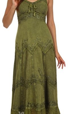 4012-Stonewashed-Rayon-Embroidered-Adjustable-Spaghetti-Straps-Long-Dress-Army-Green-1X2X-0