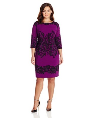 Adrianna-Papell-Womens-Plus-Size-Fitted-Placed-Printed-Lace-Dress-Cassis-20-0