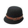 Casual-Vintage-Black-Lady-Women-Buckle-Round-Top-Wide-Brim-Bowler-Wool-Felt-Hat-0