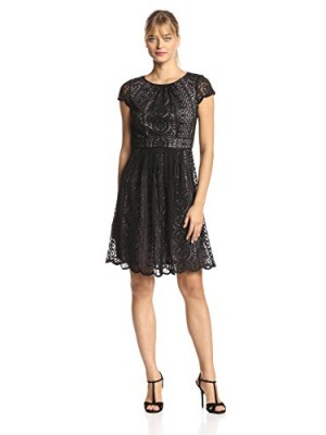 Adrianna-Papell-Womens-Pleat-Striped-Filigree-Lace-Dress-Black-14-0