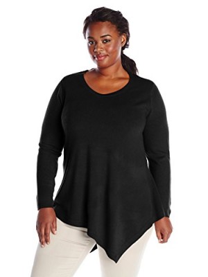 Sag-Harbor-Womens-Plus-Size-Scoop-Neck-Asymmetrical-Hem-Cashmerlon-Sweater-Black-1X-0