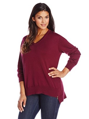 Vince-Camuto-Womens-Plus-Size-Long-Sleeve-V-Neck-Sweater-with-Zipper-Trim-Maroon-1X-0