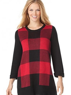 Womens-Plus-Size-Buffalo-plaid-pullover-sweater-with-34-sleeves-CLASSIC-RED-0