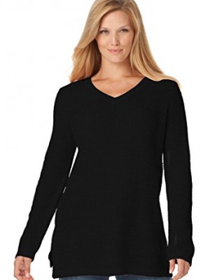 Womens-Plus-Size-Waffle-stitch-V-neck-pullover-sweater-BLACK1X-0